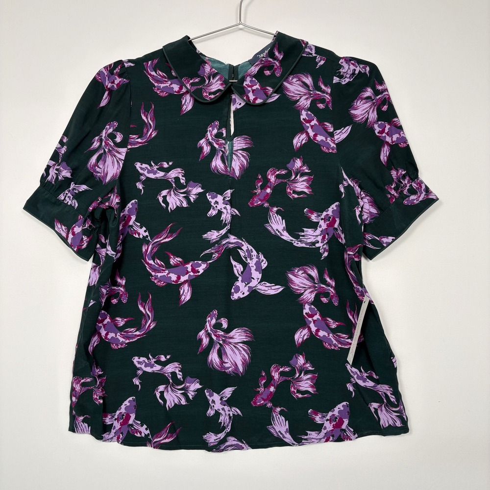 ModCloth Womens Blouse Size M Green Purple Koi Fish Print Peter Pan Collar NWT